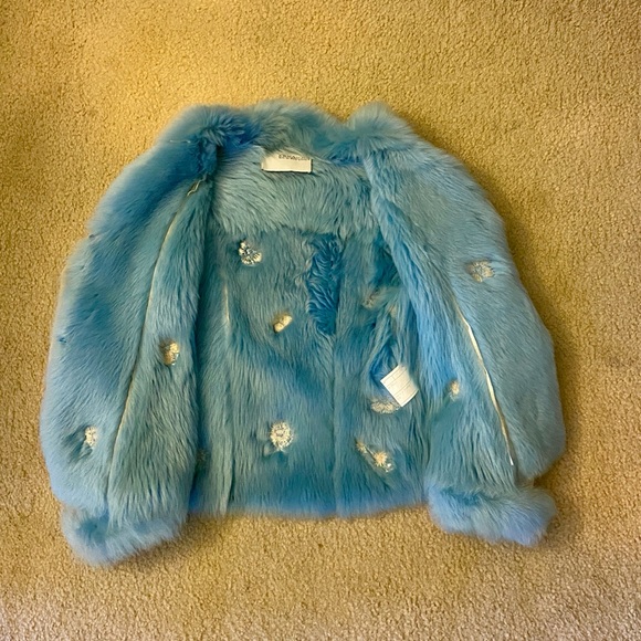 Tan shearling jacket with blue faux fur trim - Picture 6 of 8